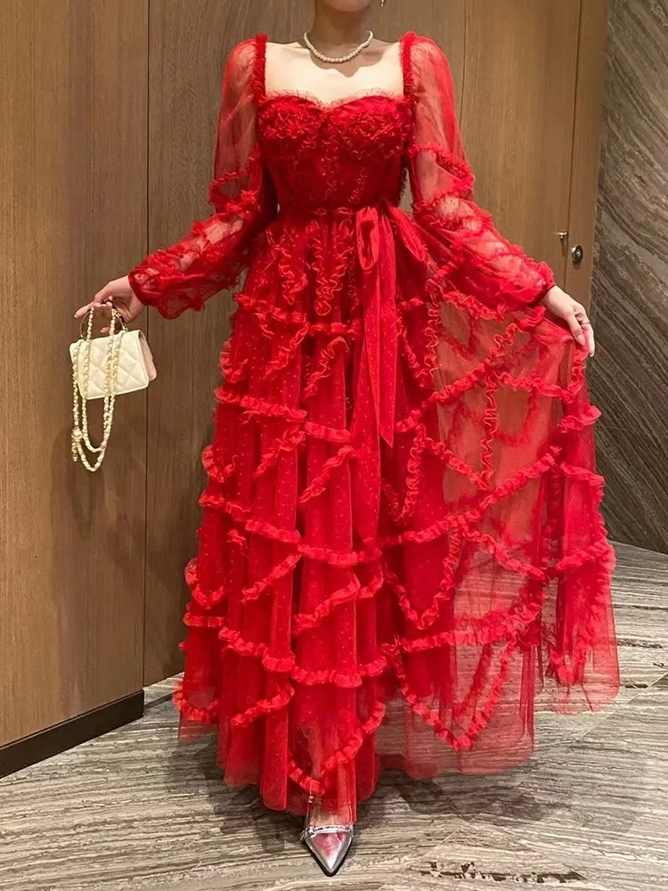 VGH Elegant Evening Dresses For Women Square Collar Long Sleeve High Waist Backless Spliced Edible Tree Fungus Dress Female New