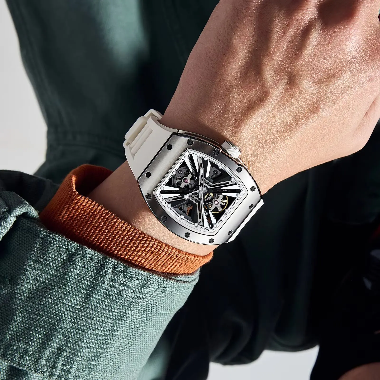 December Sale Sports Mechanical Watch for Men Automatic Self-winding Wristwatch with Silicone Strap Transparent Tonneau Dial