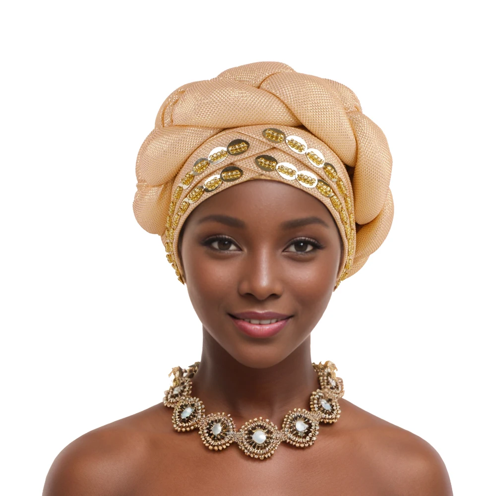 Shining Beading Braid African Turban Caps for Women Pre-Tied Headscarf Bonnet Nigerian Auto Gele Caps Wedding Party Headpiece