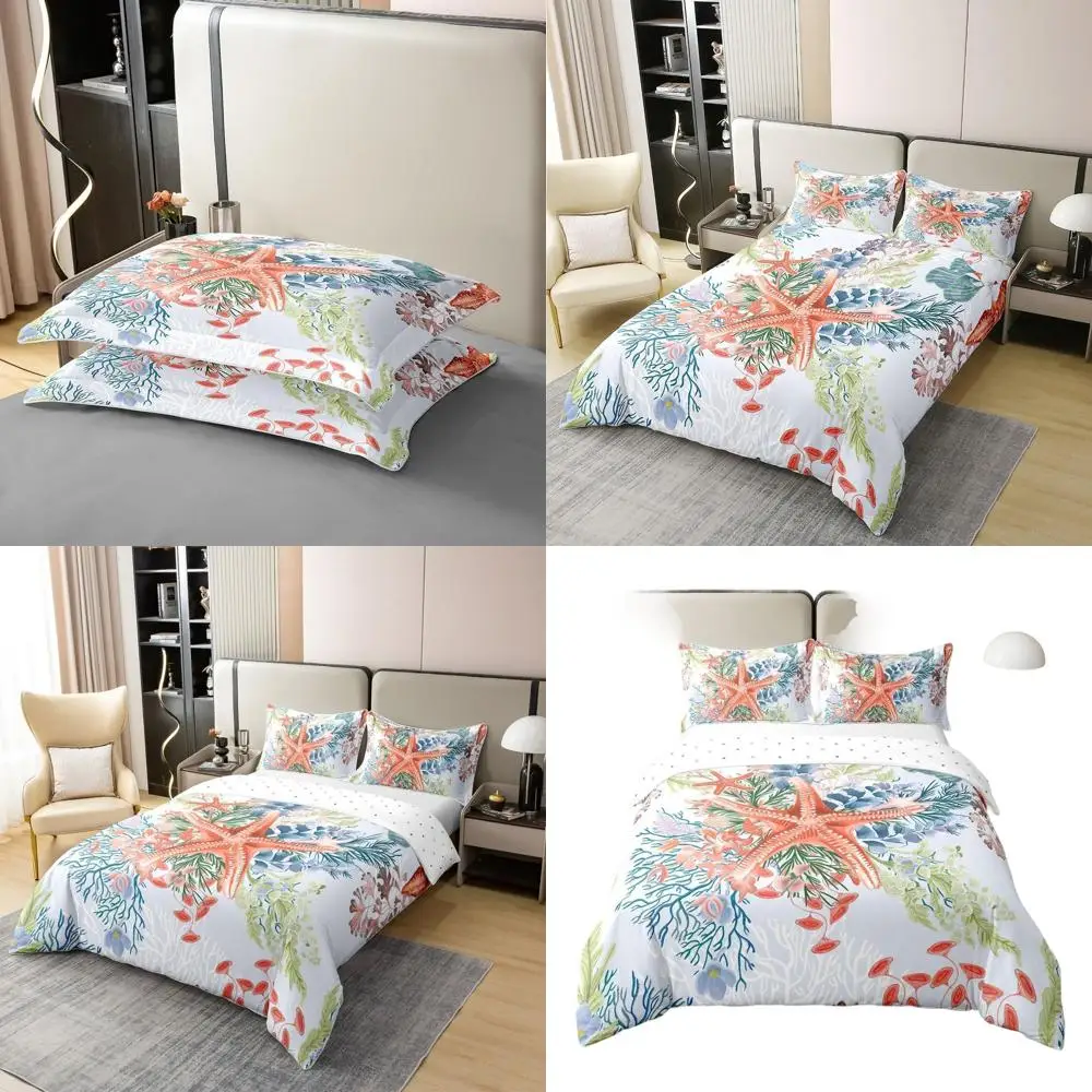 

Комплект пододеяльников Queen Size из хлопка с акварелью Ocean Life, морская звезда, коралл и морские растения, летнее прибрежное постельное белье из трех предметов