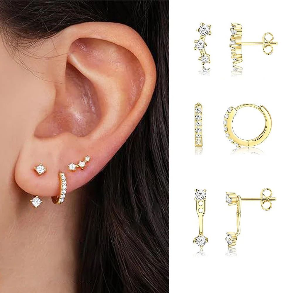 6pcs Trendy Crystal CZ Multiple 3 Holes Cartilage Piercing Earrings Set for Women Tiny Round Huggies Dainty Party Female Jewelry