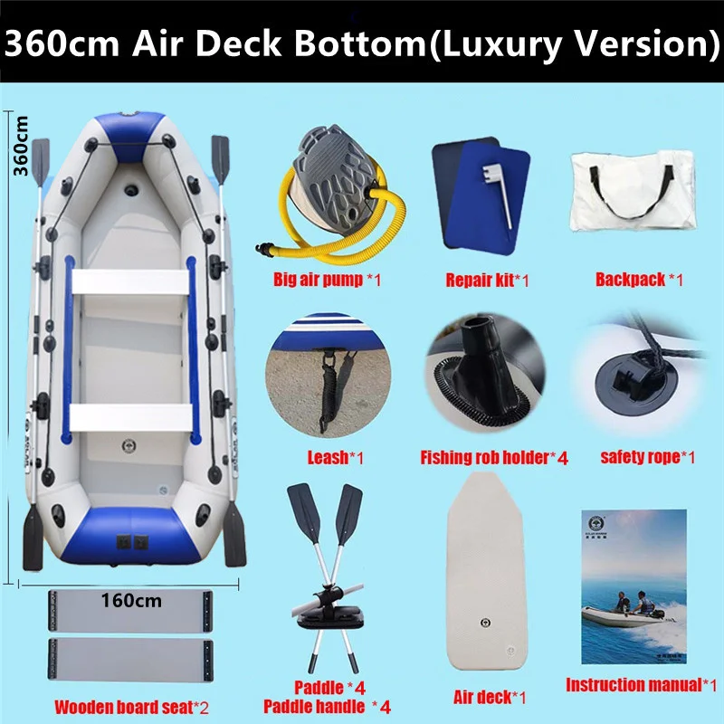 100% Heat Weld Process D360-3 0.9mm Thicken PVC Solar Marine 6 Person Air Mat Floor Inflatable Boat with Keel and Aluminum Seats