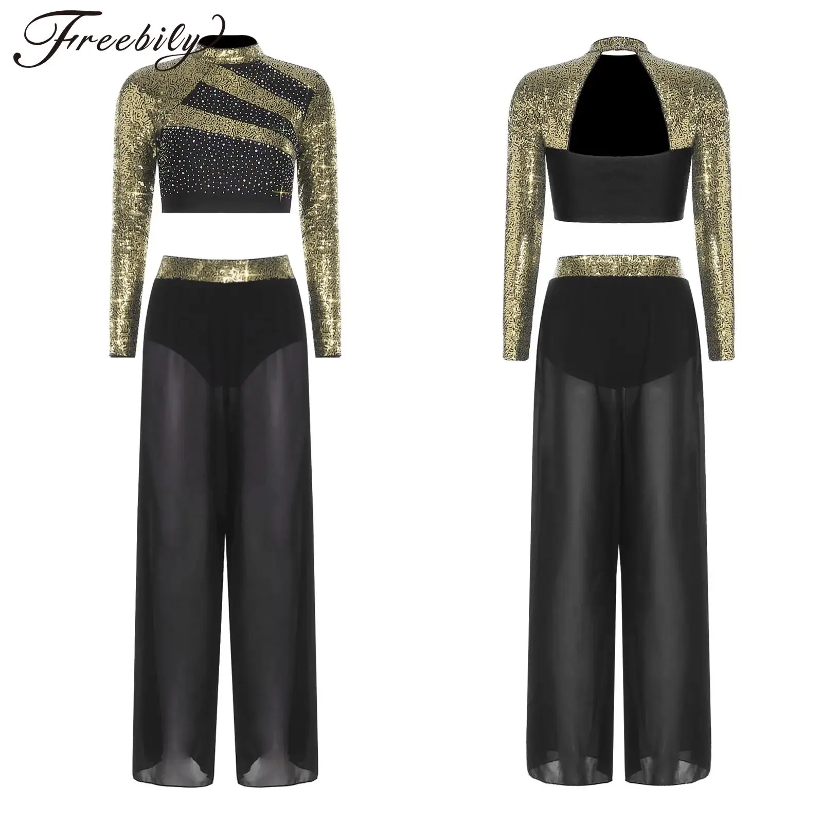 

Женский современный костюм для лирического танца, фигурного катания и гимнастики: укороченный топ с пайетками и стразами, брюки с боковыми разрезами и встроенными трусиками, танцевальная одежда