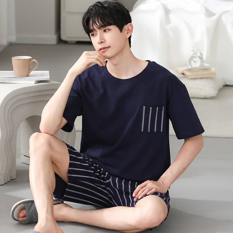 2024 New Junior Men\'s Pajamas Summer Thin modal Cotton Round Neck Double Short Suit Casual Plaid Outwardly Wearable Home Wear