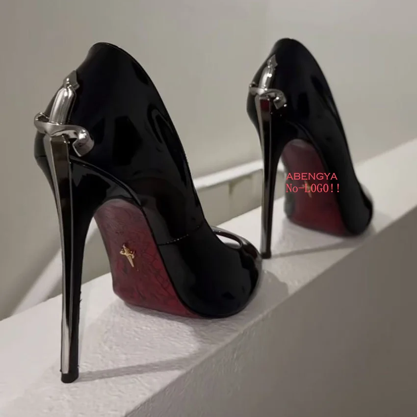 2025, gran oferta, zapatos de fiesta de cuero negro, zapatos de tacón alto de Metal para mujer, zapatos de vestir, zapatos sexis de otoño para fiesta y banquete para mujer