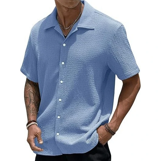 

Fashionable Short Sleeve Shirt Men's Casual Button up Top Quality Polyester Spandex Breathable Summer Warmth Regular Fit