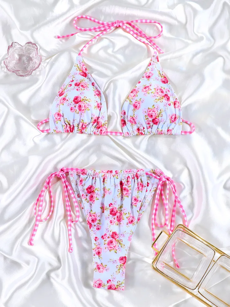 Halter Pink Bikini strój kąpielowy kobiety bandażowy strój kąpielowy 2024 Bikini stringi kwiatowy kostium kąpielowy seksowne Biquini brazylijskie