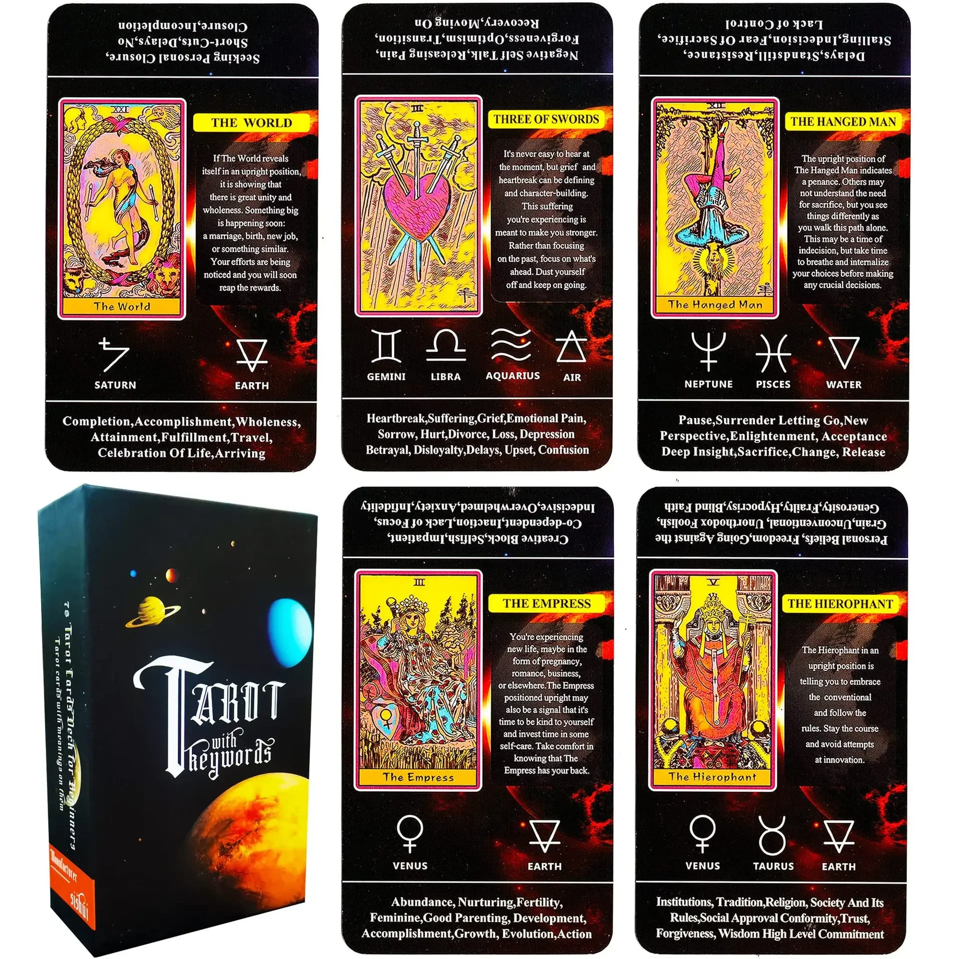 Planet Tarot in stabiler Box mit umgekehrten Schlüsselwörtern auf den Karten, 78 Stück, farbenfrohe Rider-Waite-Tarotkarten, Standardgröße 12 x 7 cm