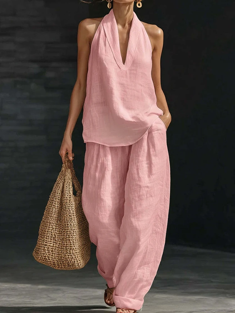 Completo Estivo da Donna 2026 Senza Maniche con Patchwork, Scollo a V, Vita Alta, Pantaloni Casual Larghi, Outfit Semplice e Chic, Set Loungewear in Due Pezzi