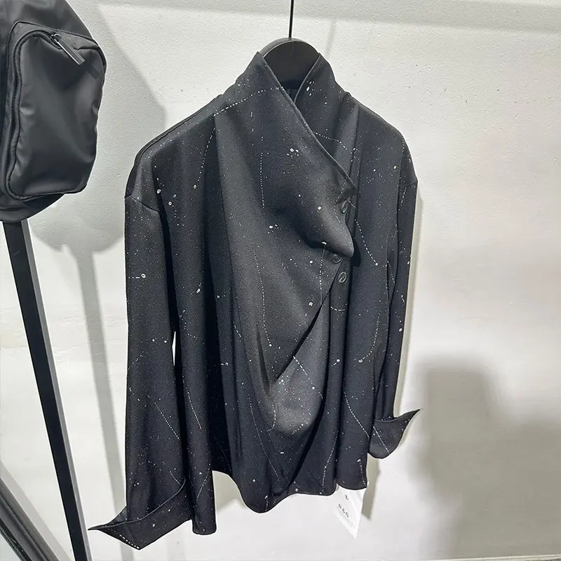 Designer Dark Style Personalized Beveled Button Draping Silk Ruffle Handsome Shirt Men's Autumn Fashionable Avant-Garde