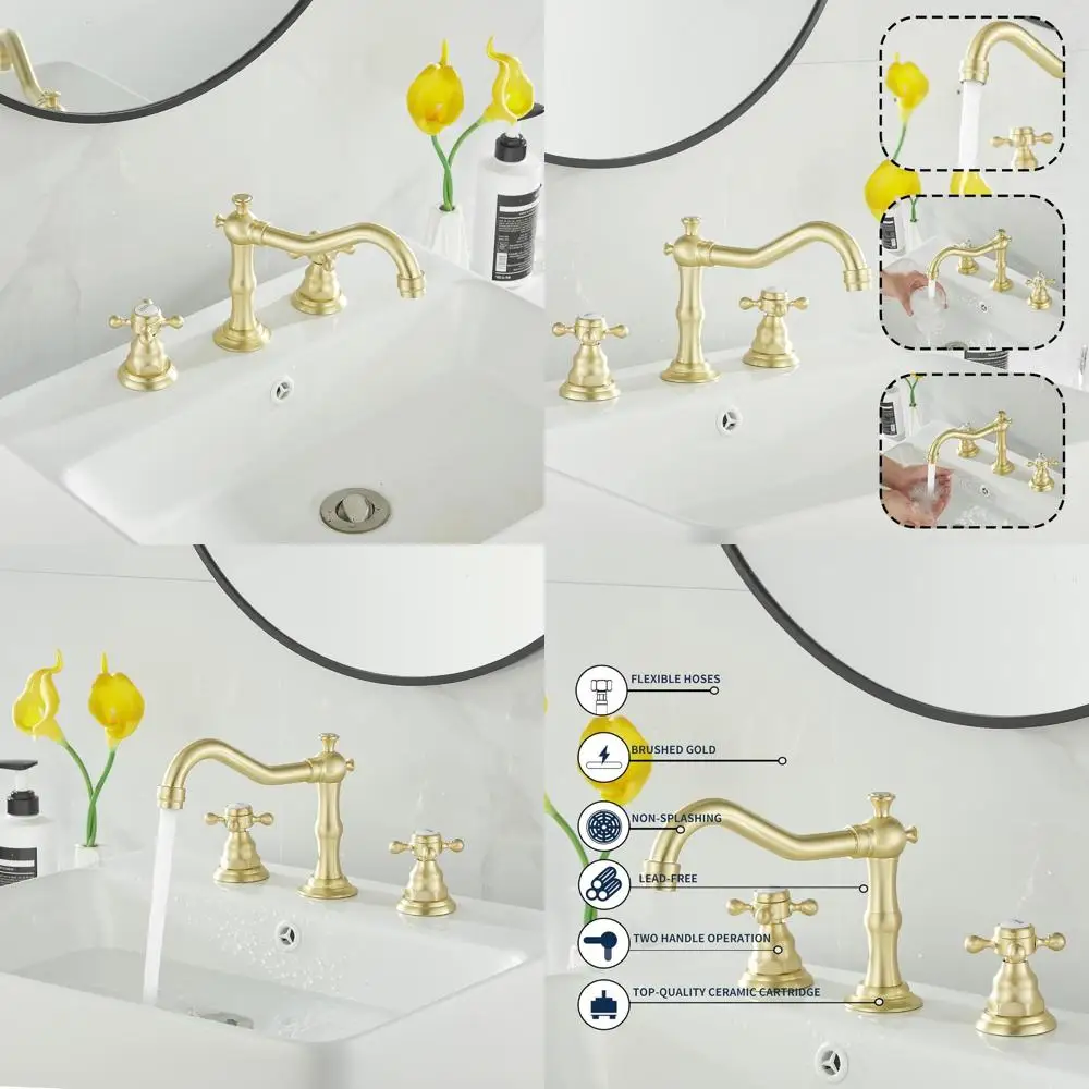 

Two-Handle 3-Hole Widespread Brushed Gold Bathroom Sink Faucet with Pop-Up Drain Mixer Tap