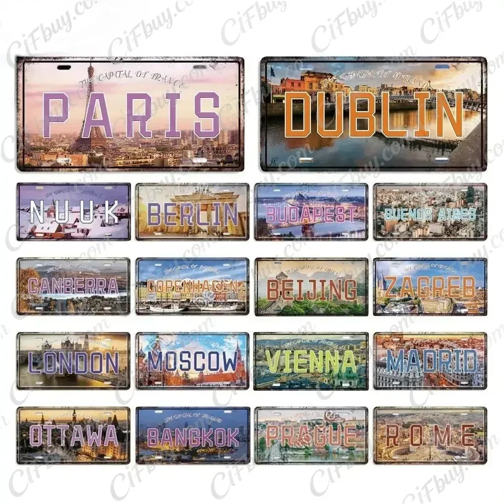 CIFBUY Vintage Capital City License Plate Aluminum Wall Art Waterproof Durable Alloy Decor for Home Restaurant Bar Garage Man Ca