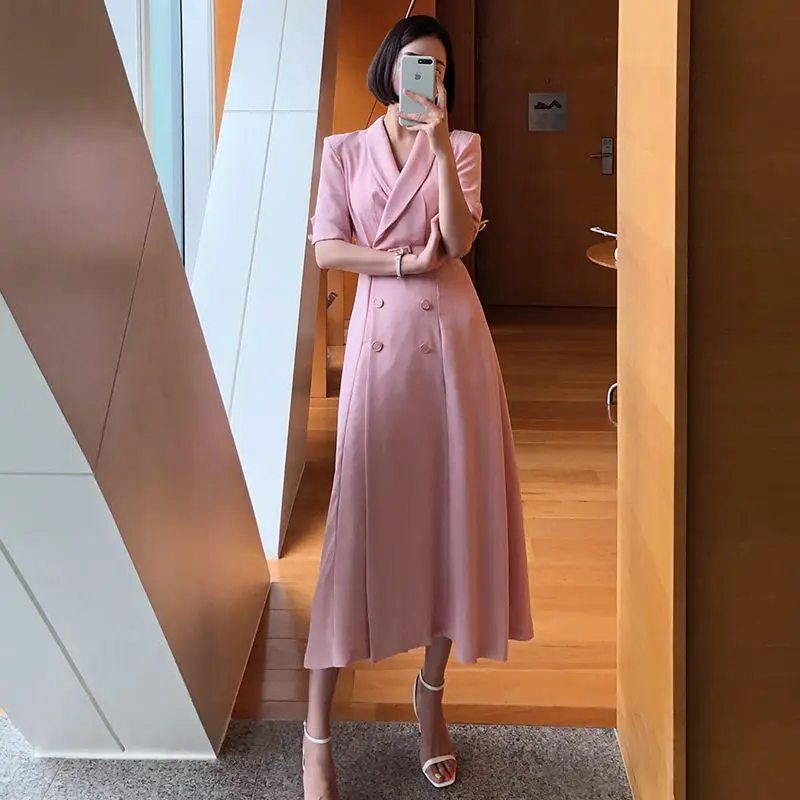 2025年春 レディース ダブルブレスト ドレス - ベルト付きトレンチドレス、エレガントなラペルミディドレス、オフィスカジュアル outfits