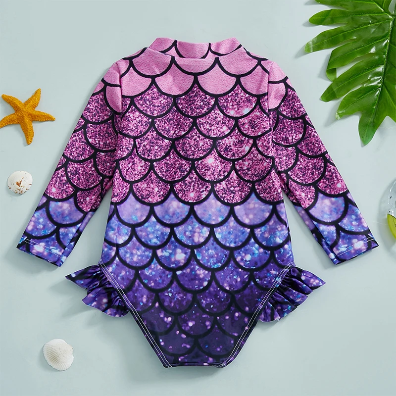 Traje de baño de protección contra sarpullidos para niña pequeña con estampado de escamas de pescado y cremallera, manga larga, cuello simulado, traje de baño con volantes