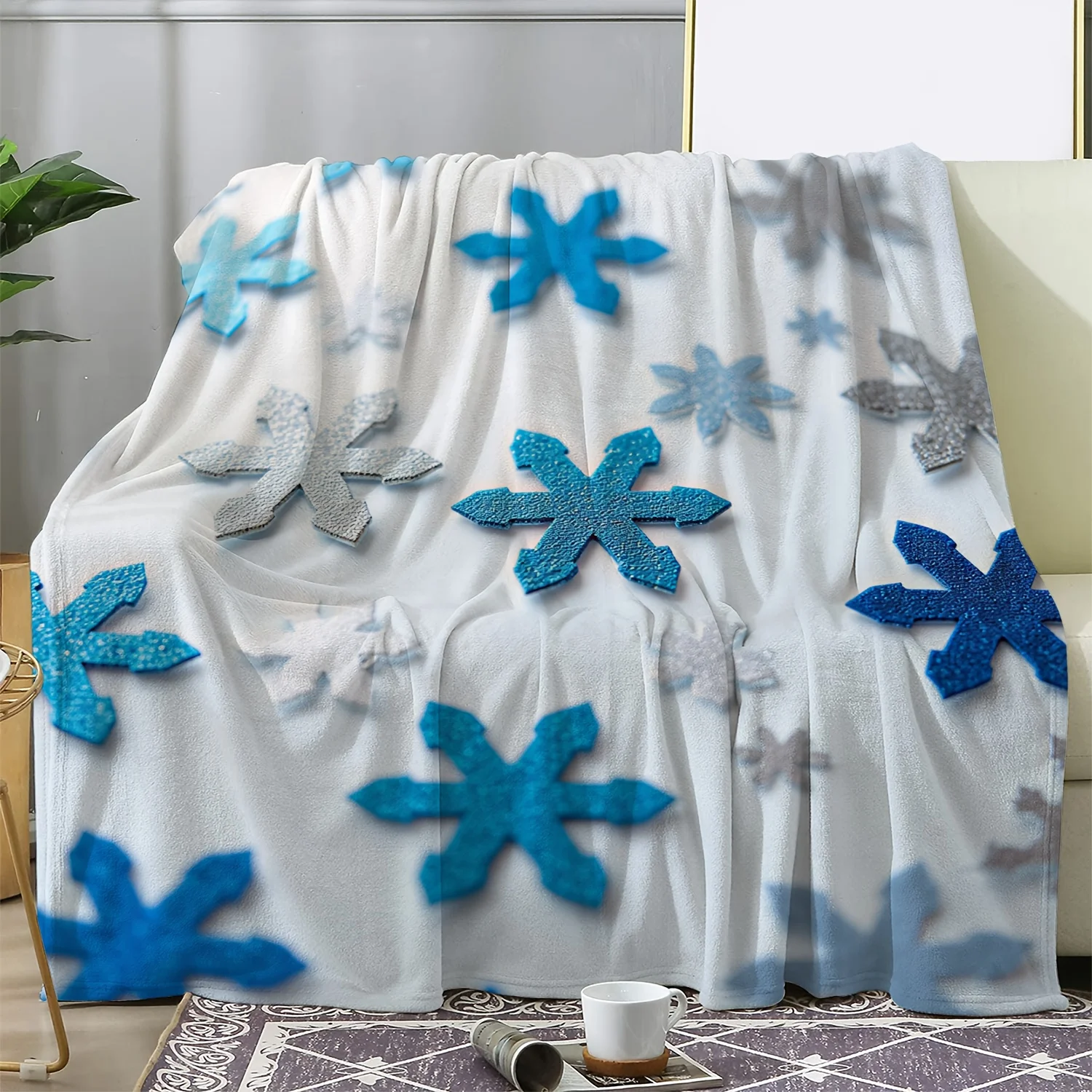 1pc Sdoo Flannel Blanket - Soft Warm All-Season Throw with Blue & Silvery Snowflake Pattern, Plush Cozy Blanket for Couch, Bed,
