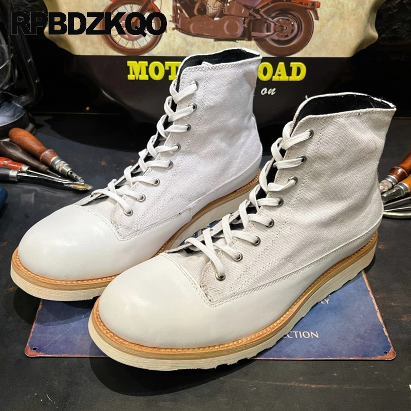 Military Army Shoes Round Toe Lace Up Big Size Cowhide Ankle Goodyear Welted Combat Boots Canvas Patchwork Tactical Men 12 Flats