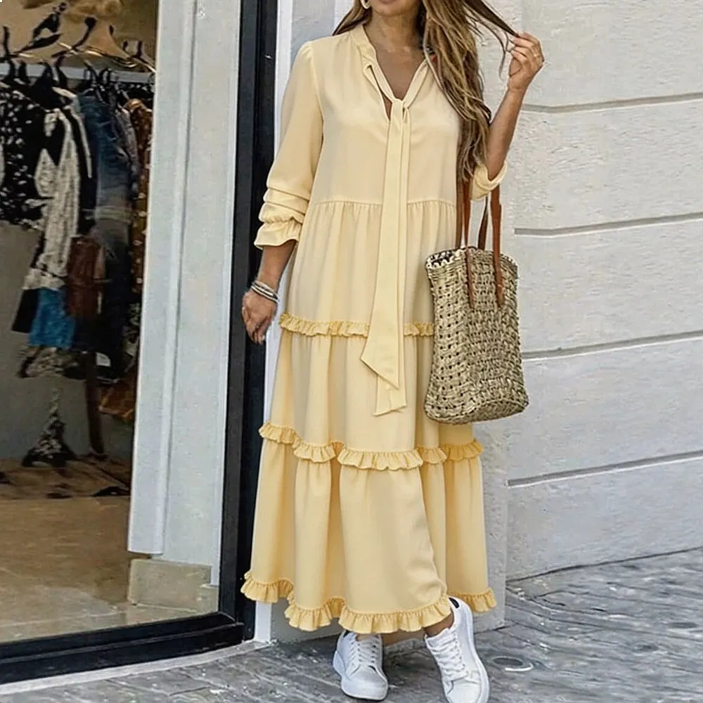 Elegant V Neck Long Sleeve Solid Color Maxi Dress Women Summer Spring Dresses Flowy Casual Midi Dress view 4