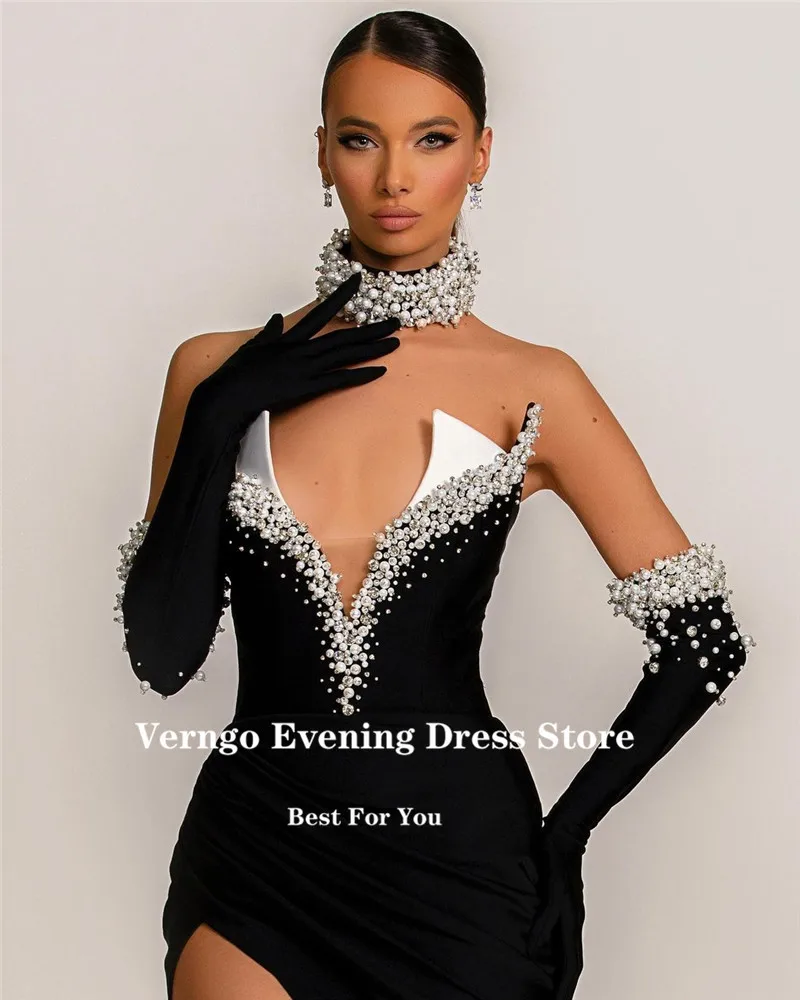 Verngo Sexy Black Mermaid Long Gloves Evening Dresses Sweethear Plearls Split Formal Prom Gowns Party Celebrity Occasion Dress