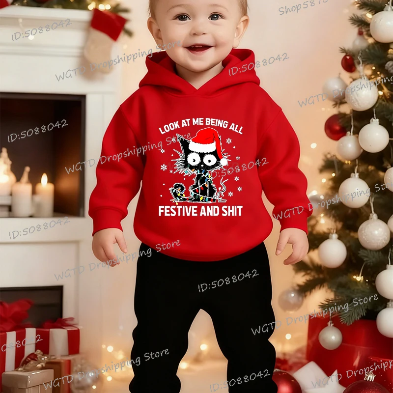 

"Look At Me Being All Festive" Cartoon Cat Print Children Clothing Merry Christmas Y2K Hoodies+Pants Sports Sets Xmas Hoody Suit