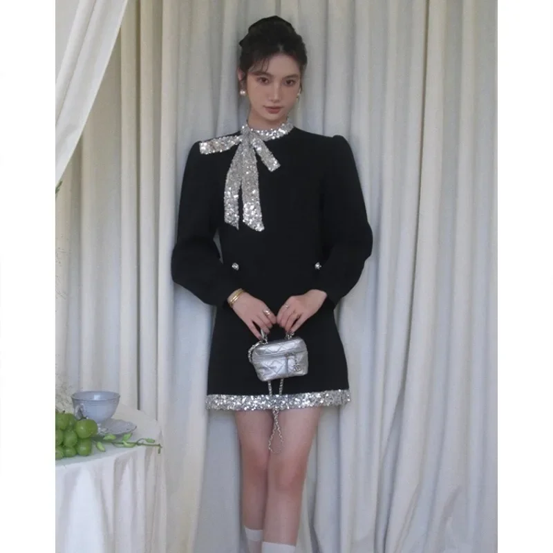 

Sweet Hot Girl Pure Sexy Sequin Bow Dress Women's Autumn O-neck Lace-up Long Sleeved Slim Fit Dress Fashion Female Clothes