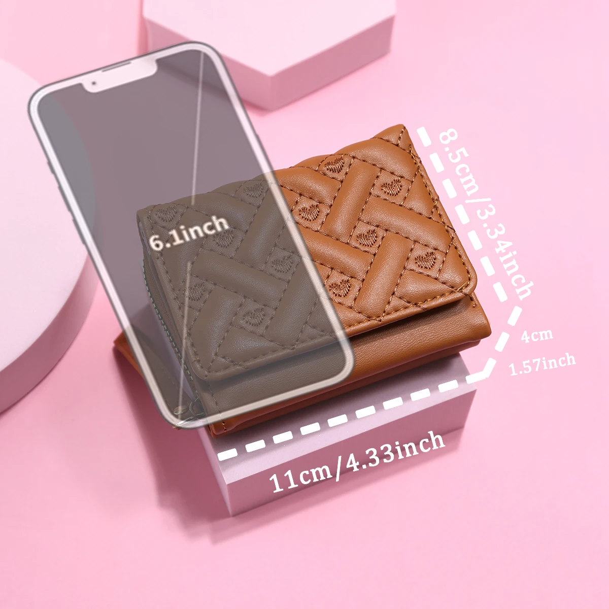 Mini embreagem de couro sintético em forma de coração, carteira com zíper triplo, porta-cartões de grande capacidade, dinheiro, porta-cartão de identificação, porta-moedas