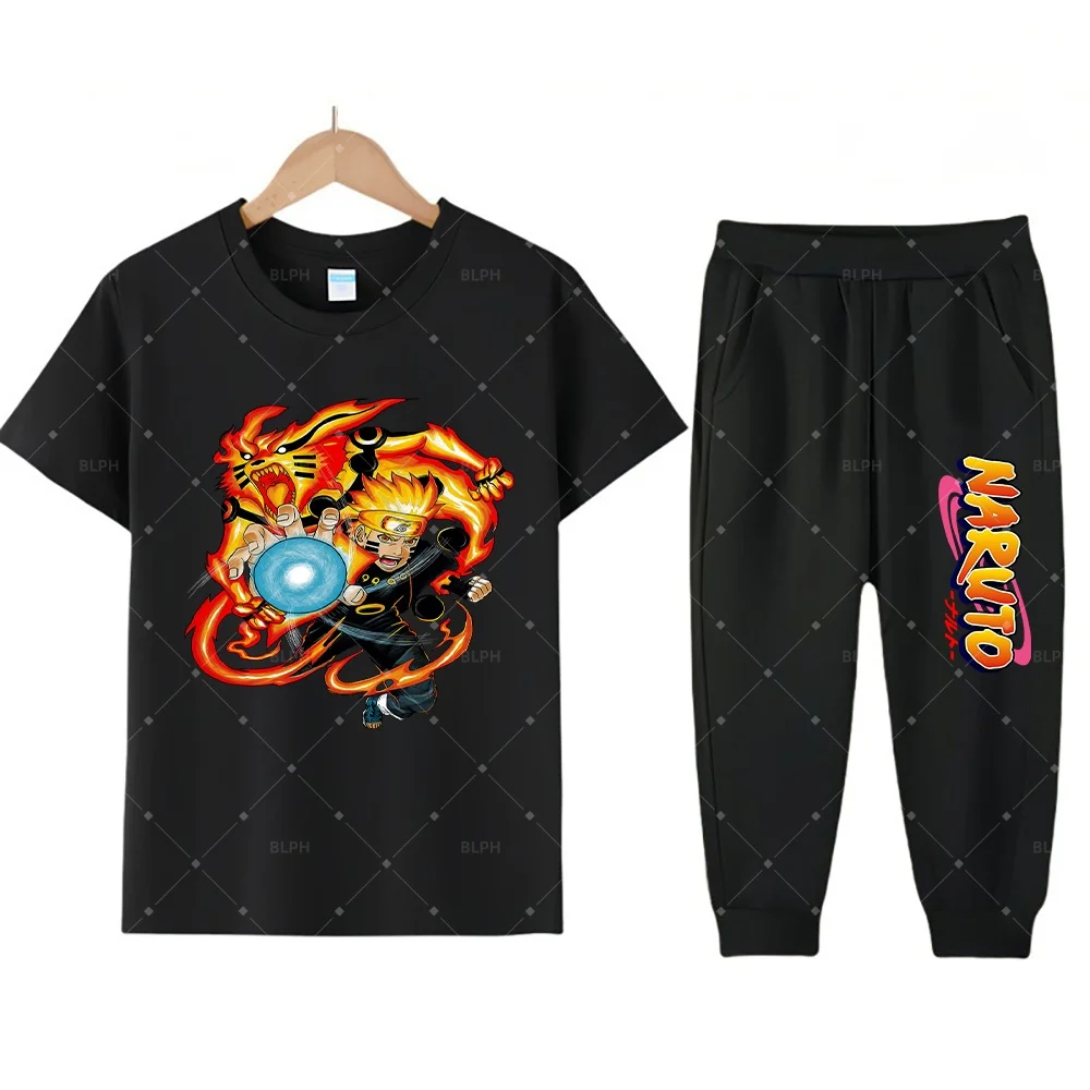 Conjunto de 2 piezas con temática de Naruto para niños, que incluye camiseta y pantalones, perfecto para los jóvenes fanáticos, diseño vibrante con elementos icónicos, cómodo.