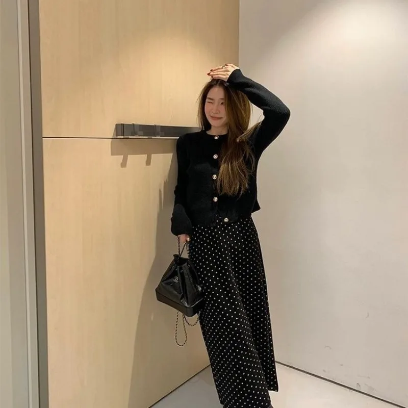 Women Autumn Winter Vintage Polka Dot Long Skirt Elastic Waist Back Split Thick Plush Lined Midi Skirt With Pockets