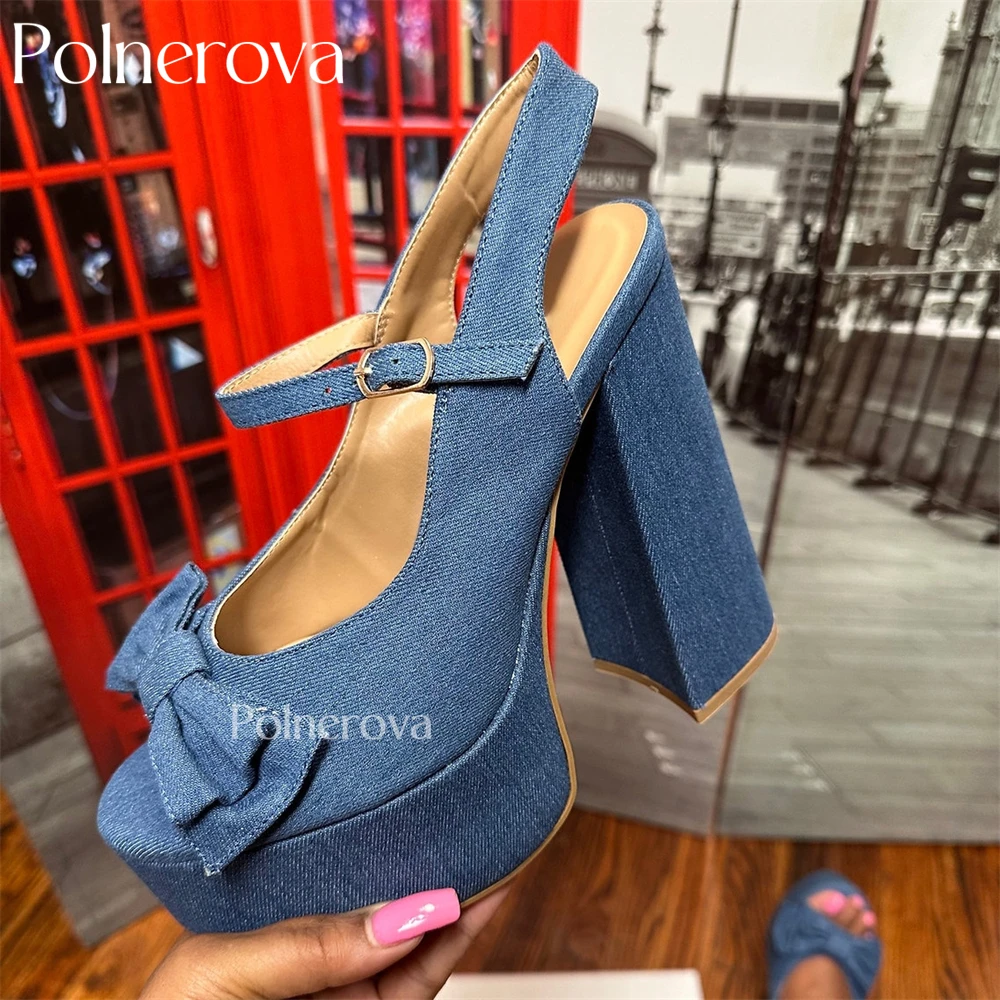 Black Denim Platform Peep Toe Sandals Bow Strap Block Heel Summer Shoes Ankle Strap Fashion Sandals for Women Custom Multicolors