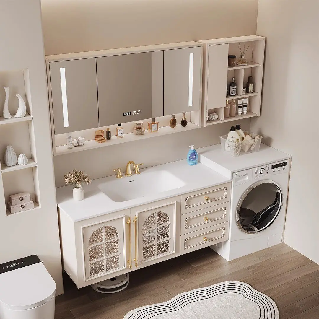 

Керамическая столешница из каменной плиты, интегрированный шкаф с раковиной для стиральной машины и умывальником, стол для умывания на балконе