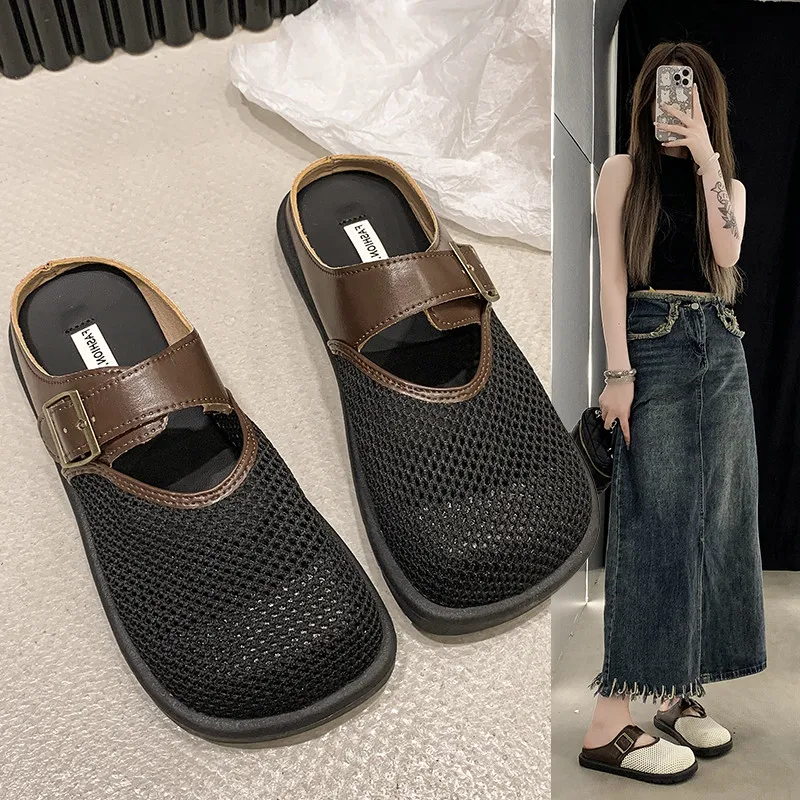 Loafers Shoes Woman 2024 Female Slippers Cover Toe New Flat Summer Slides Flat Shoes Female Cover Toe Slippers Women Summer Pant