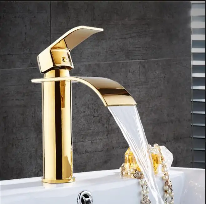 Wastafelkraan Goud en wit Watervalkraan Messing Badkamerkraan Badkamer Wastafelkraan Mengkraan Warme en koude wastafelkraan