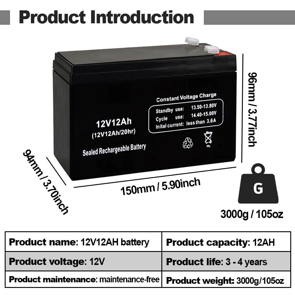 12V 12AH Maintenance Free Lead Acid Battery Solar Energy Storage For RV Camping Emergency Power Home Backup Solar System