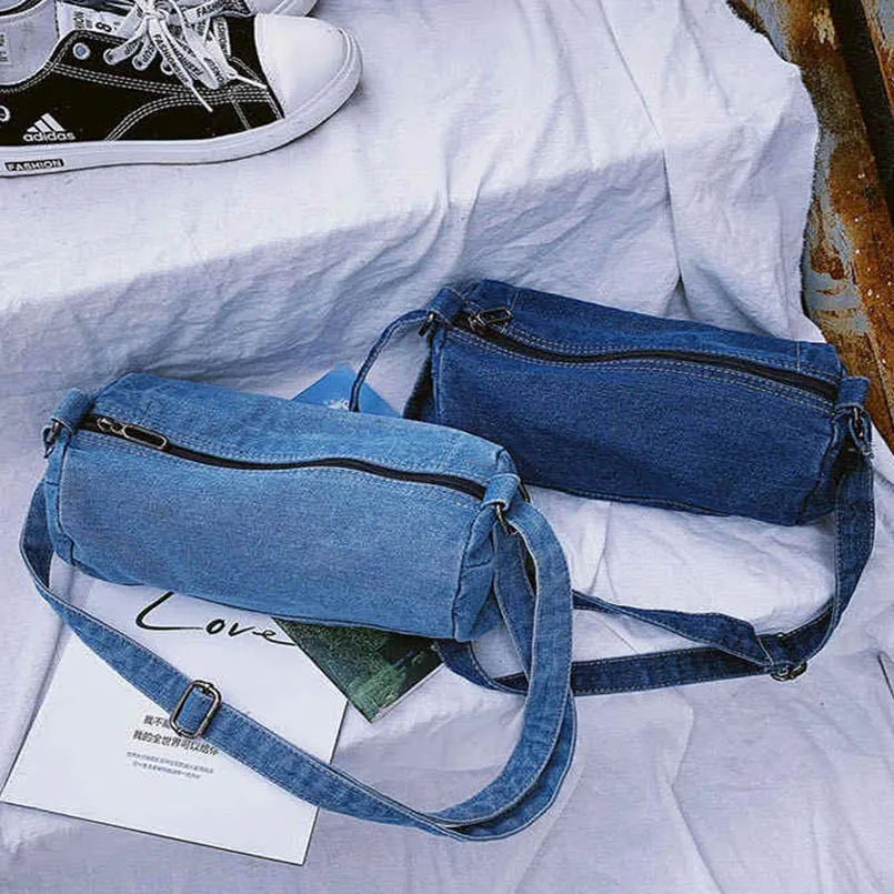 Denim Campus Unisex Large Capacity Shoulder Messenger Crossbody Bags Cylinder Jean Women Purse