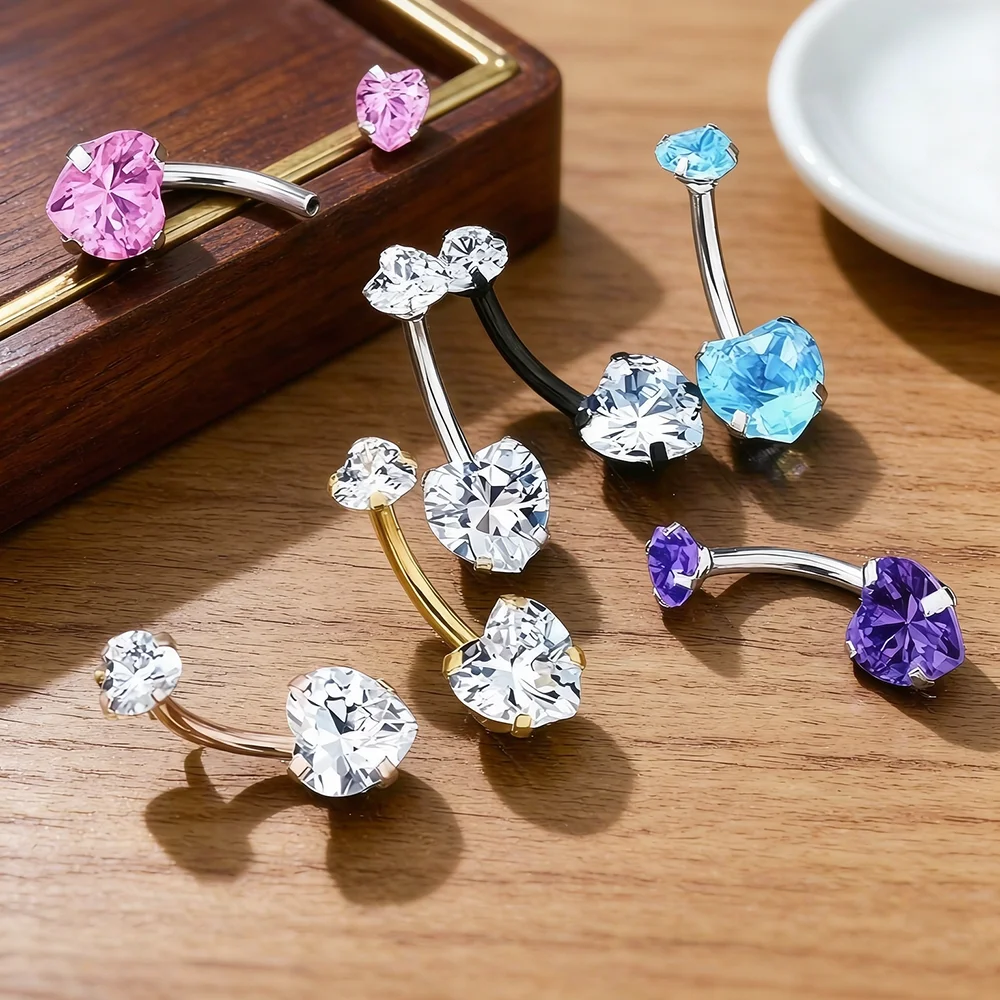 G23 Titanium Heart Shaped Belly Button Ring 14G Clear CZ Women's Internal Thread Navel Piercing Rings Sexy Body Jewelry