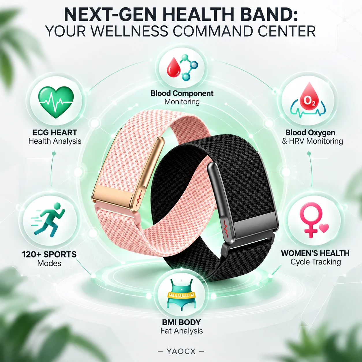 Smart Health Band Blood Component Monitoring, ECG Heart Analysis, BMI Body Fat Tracking, SpO2 HRV Insights, 120+ Sports Modes
