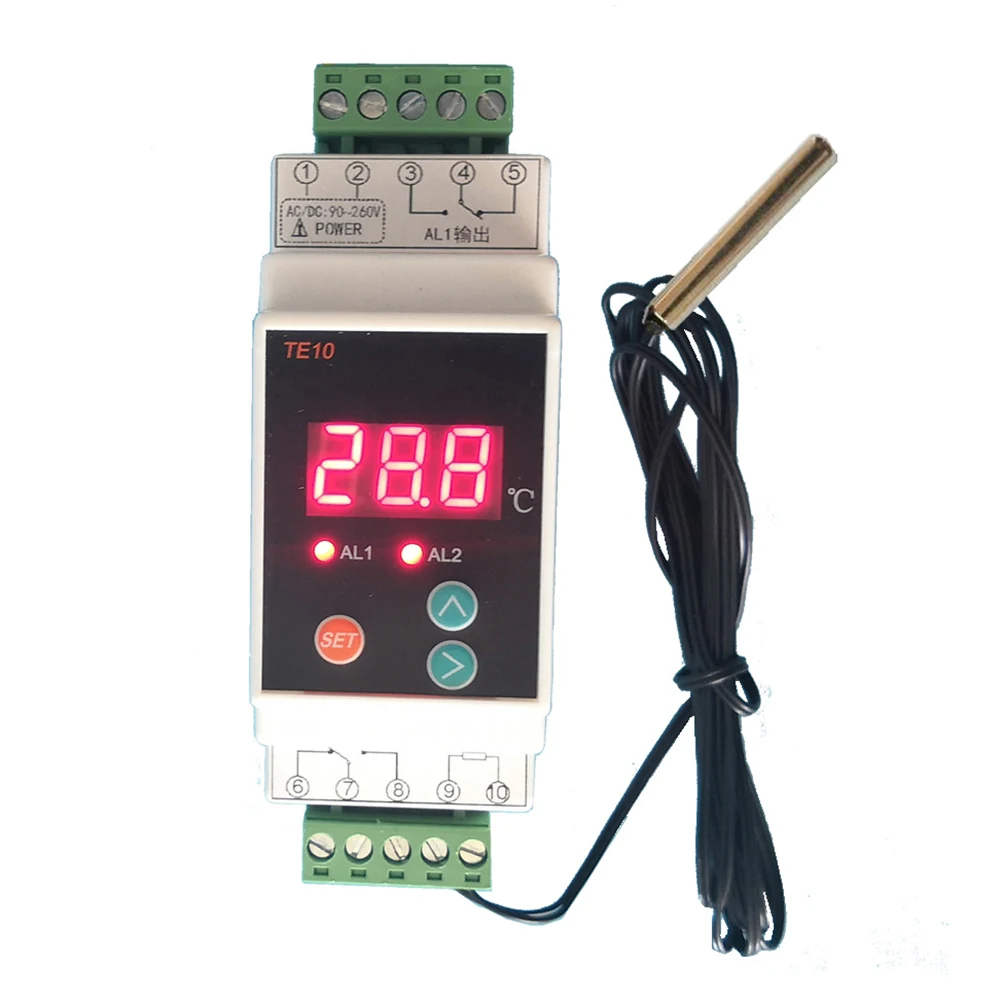 Termostato de riel Din de 1 piezas, controlador de alarma de temperatura de salida de 2 vías, CA de 90-260V, longitud de 110 m, termostatos de CA de 40-260 ℃, CA de 90-1,5 V