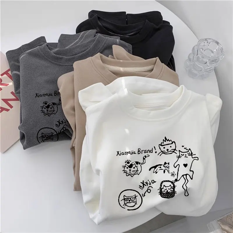 

Футболка с мультяшным принтом Y2K для женщин, осенне-зимняя, из плотного вельвета, с длинным рукавом, свободного кроя, повседневная, универсальная, базовая модель