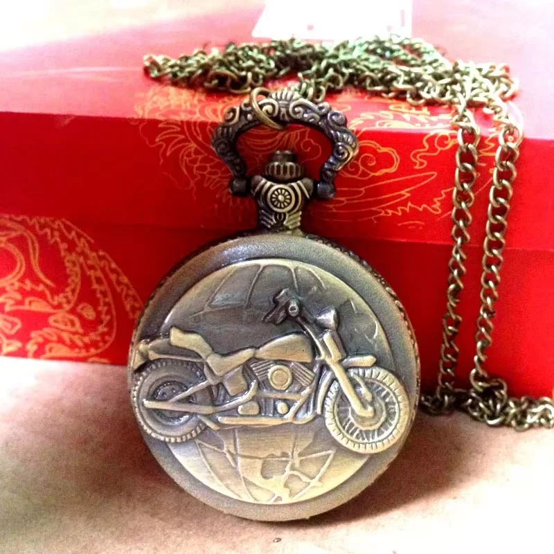 

8065 Cool Motorcycle Embossed Vintage Pocket Watch Bronze Metal Men Chain Quartz pocket watch with necklace