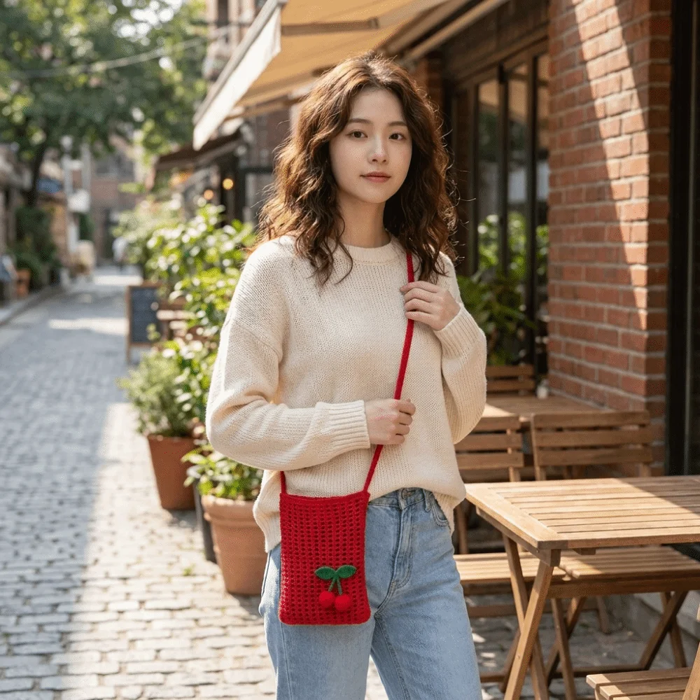 Korean Style Hollow Knit Woven Crossbody Bag Handwoven Mini Phone Purse Boho Decorative Cherry Shoulder Bag Daily Use