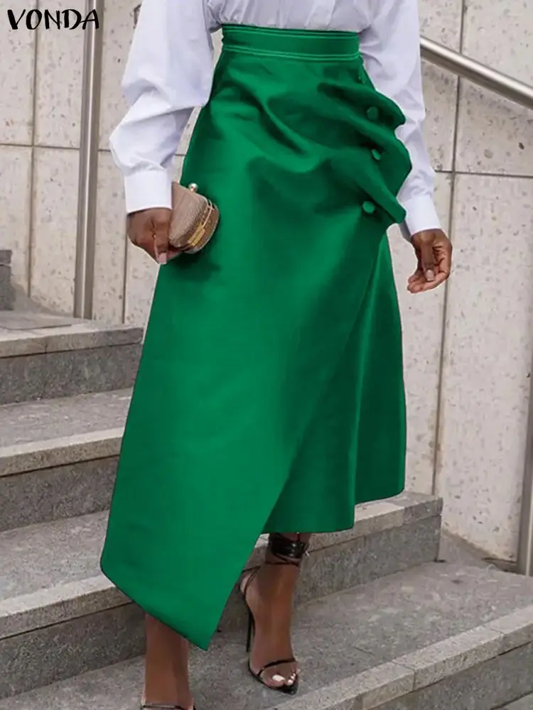 Faldas de satén de talla grande VONDA elegantes para mujer, Faldas plisadas asimétricas con botones de cintura alta, Faldas largas lisas a la moda Saia 5XL