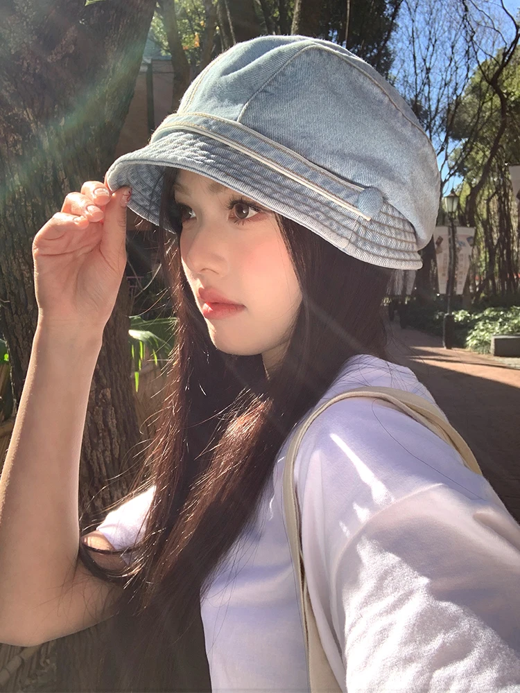 Retro Denim Fisherman Cap Women's Large Head Size Painter Hat Face Slimming Short Brim Beret Casual Style round Top Cap