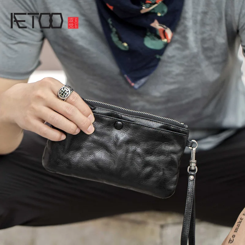 

AETOO Vintage handmade leather wallet, men's multifunctional leather wallet, long zipper fold personalized wallet