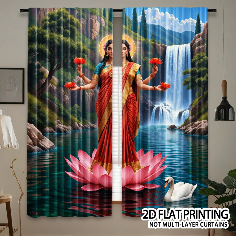 Indian Goddess Lakshmi Lotus Curtain, Spiritual Hindu Deity Print Drape, Sacred Home Decor for Meditation Room Living Area