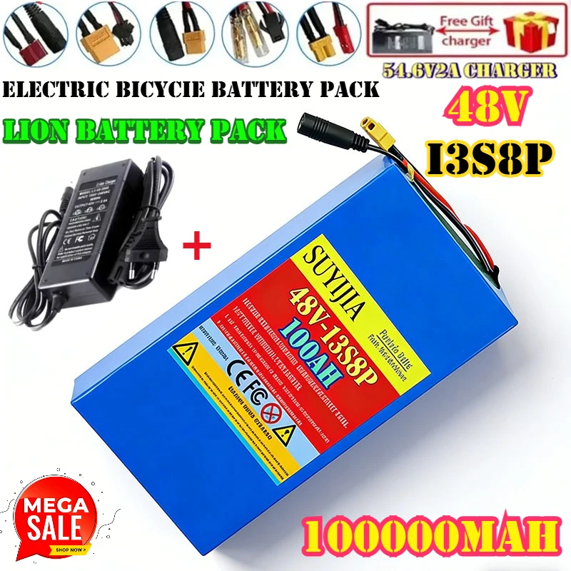 48V 13S8P 100Ah 18650 Rechargeable Li-ion Battery Pack High-power with BMS for Motorcycle, Scooter, Bicycle 250-1500W