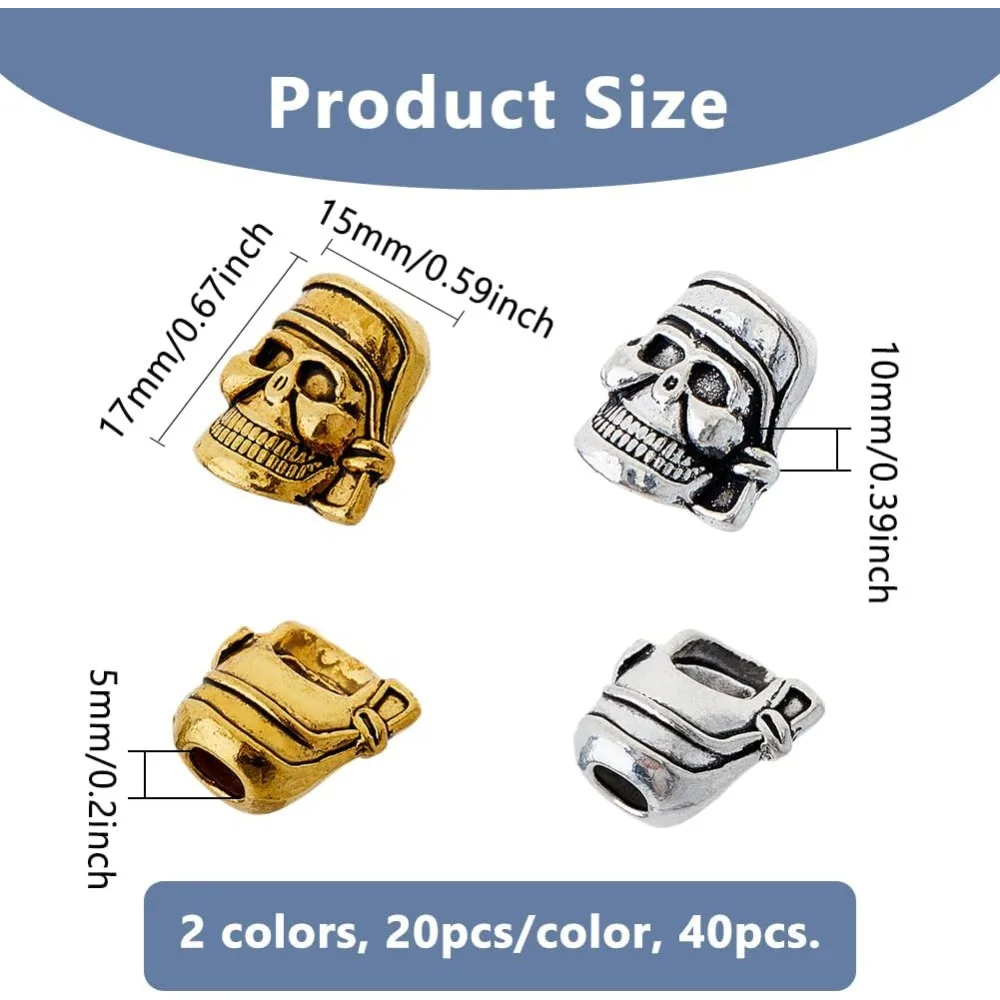 40Pcs Alloy Skull Spacer Beads Large Hole Style 5mm Hole Perfect for Jewelry Making