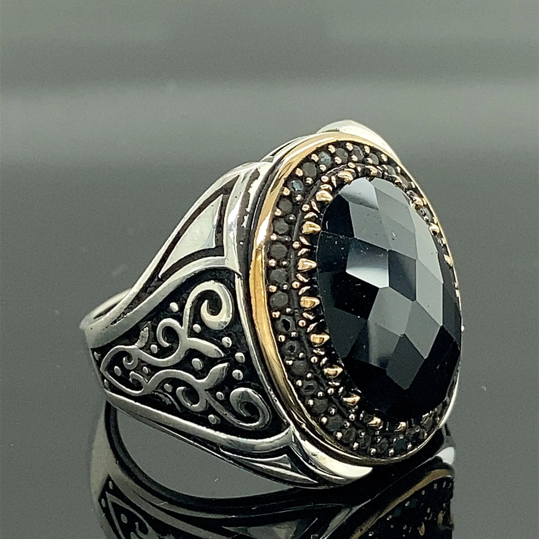 

Men Black Zircon Ring , Handmade Ring , Engraved Unique Ring , 925k Sterling Silver Ring , Gift For Him