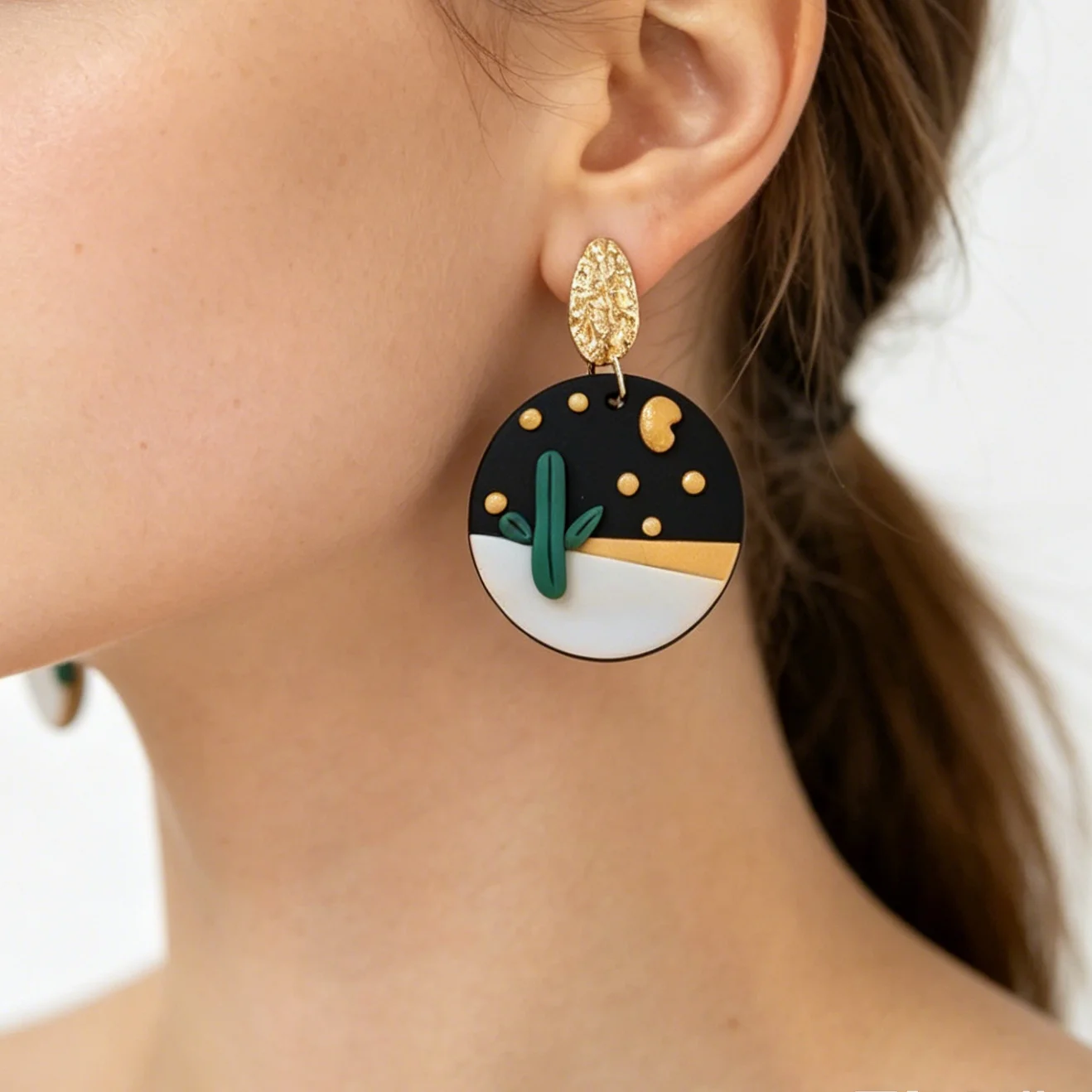 Vintage French Style Flower Polymer Clay Earrings Autumn Checkered Pattern Arch Dangle Boho Pumpkin Aesthetic Jewelry Handmade