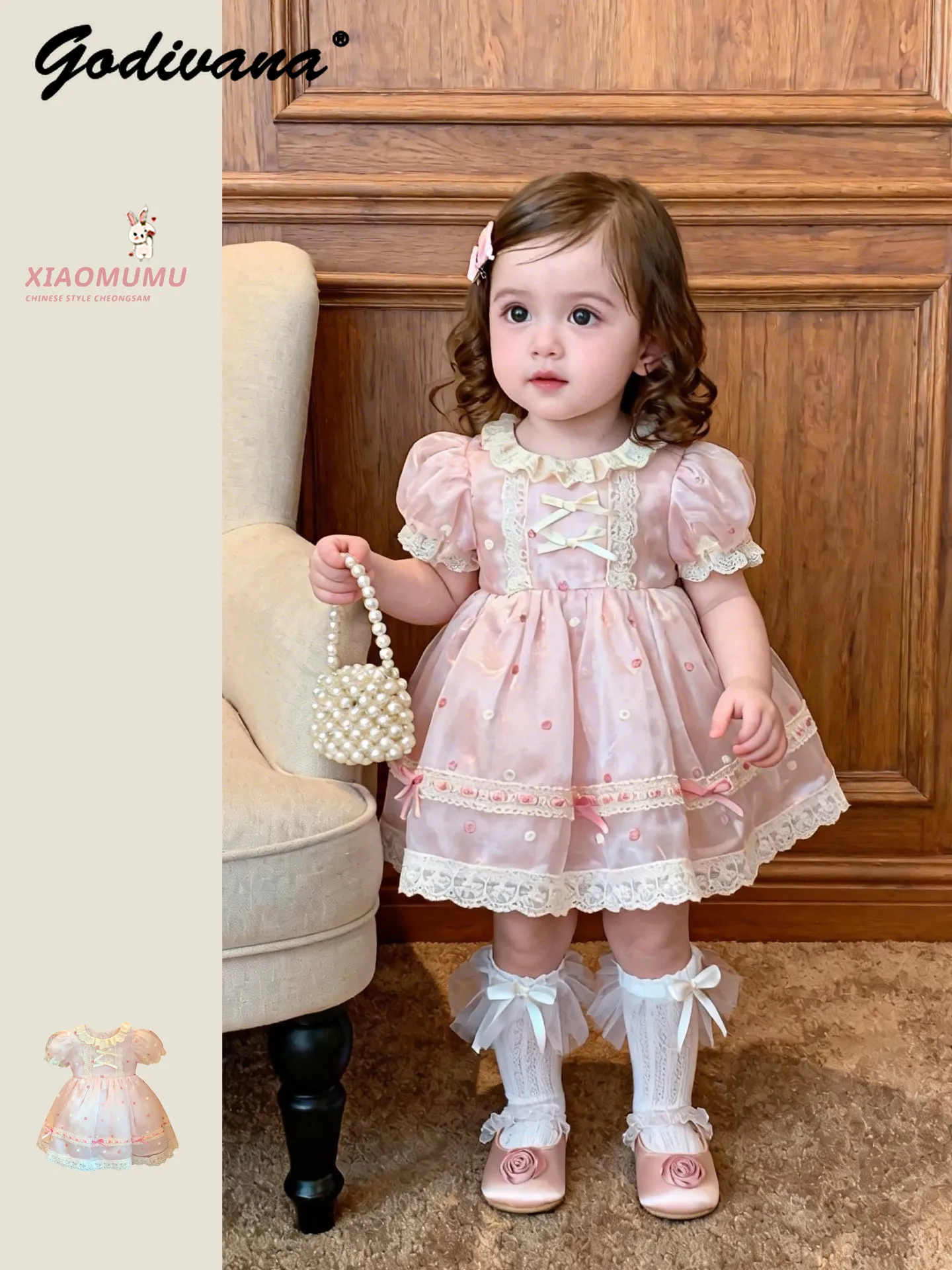 

Sweet Baby Girls Lolita Princess Dress 2026 Summer New Kids Organza Lace Trim Bow Puff Sleeve Embroidery Birthday Party Gown