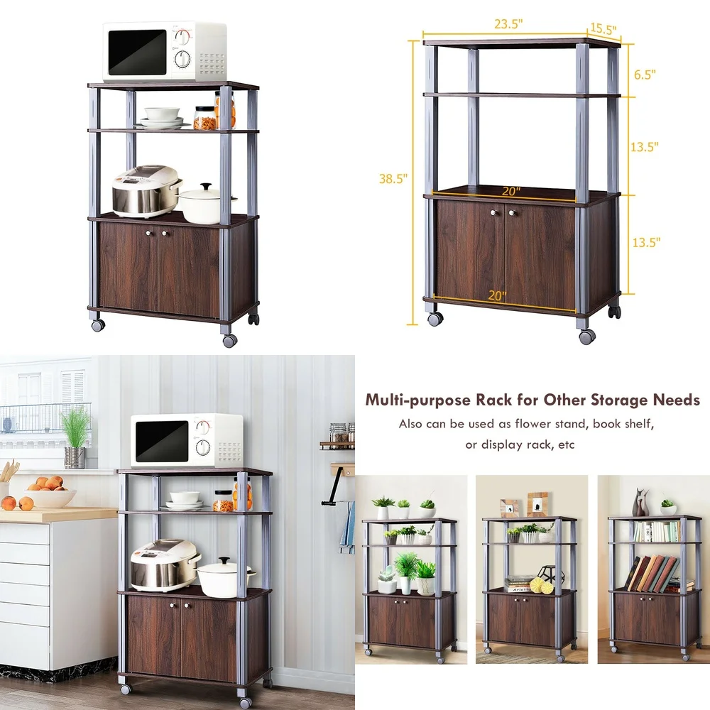 

storage holdersBakers Rack with Microwave Stand Rolling Storage Cart Multi Functional Kitchen Organizer Walnut Finish Durable
