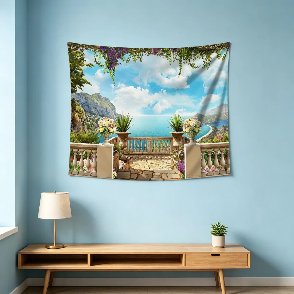 1PC Balcony Ocean View Print Backdrop Banner, Bedroom Living Room Photo Background, Polyester Wall Hanging, Home Decor, Wall Art